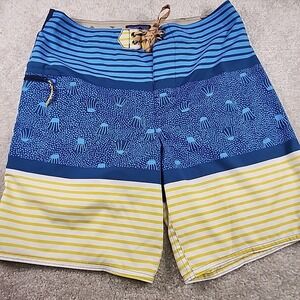 Patagonia‎ Wavefarer Board Shorts Men's 32 Blue Yellow Stripe 9" Swim Trunks